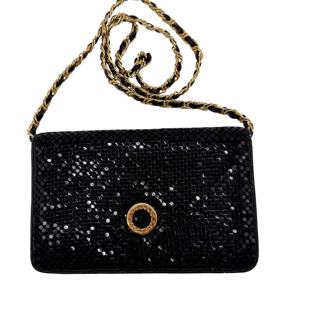 Bueno Black Mesh Evening Clutch Bag Gold Chain Crossbody Formal Wedding 7.5x5